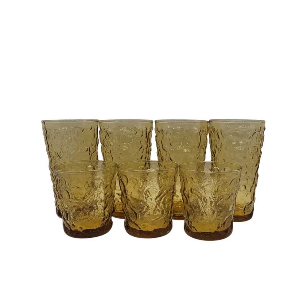 Vintage Anchor Hocking Amber Glass Crackle Textured Tumblers and Rocks Glasses